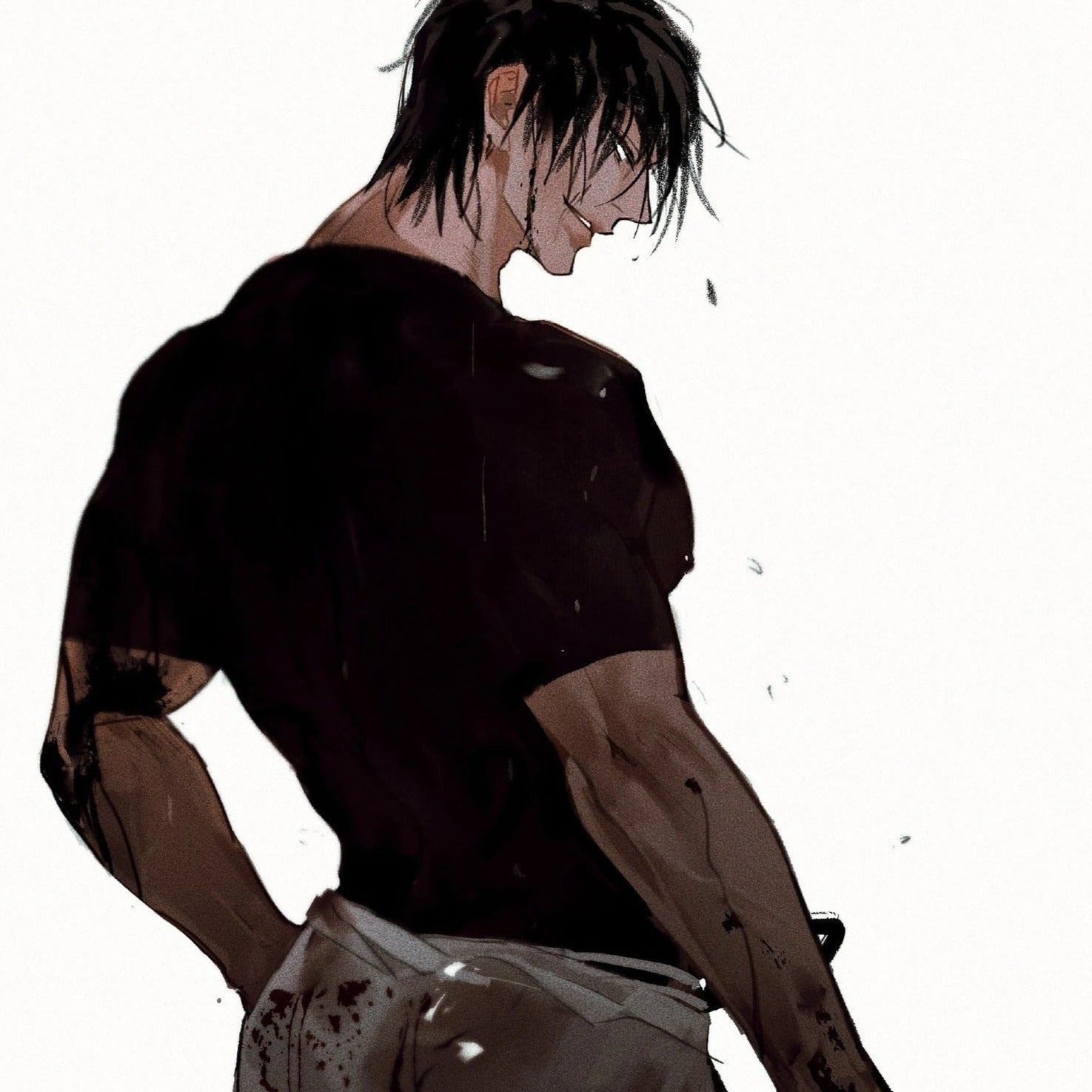 Toji Fushiguro wearing black t-shirt and white trousers. Showcasing back and arm muscles